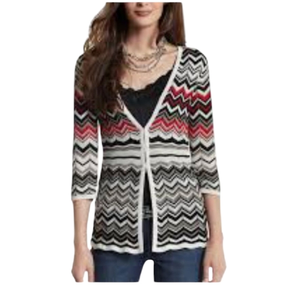 White House Black Market Black White Red Chevron Knit Sweater Cardigan Boho Sz L - Picture 1 of 10